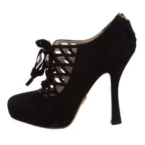 Prada Black Suede Caged Lace-Up Spool Heel Pumps 37